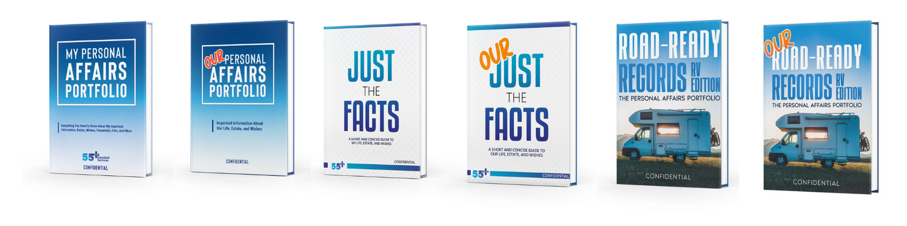 Six books with blue and white covers, titles include 'My Personal Affairs Portfolio', 'Our Personal Affairs Portfolio', 'Just the Facts', 'Our Just the Facts', 'Road-Ready Records RV Edition', and 'Our Road-Ready Records RV Edition', related to personal and financial organization and estate planning.
