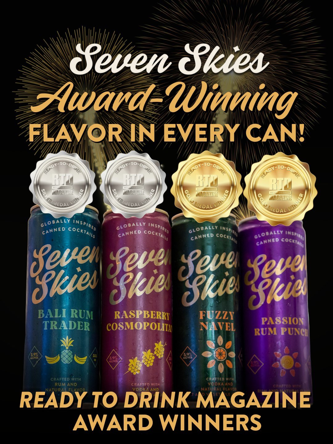 🏅 Kicking off 2026 as award winners! 🥂

Seven Skies medaled all four canned cocktails at @rtdmagazine &mdash; with Gold for Fuzzy Navel and Passion Rum Punch, and Silver for Raspberry Cosmo and Bali Rum Trader.

As we step into 2026, this is just t