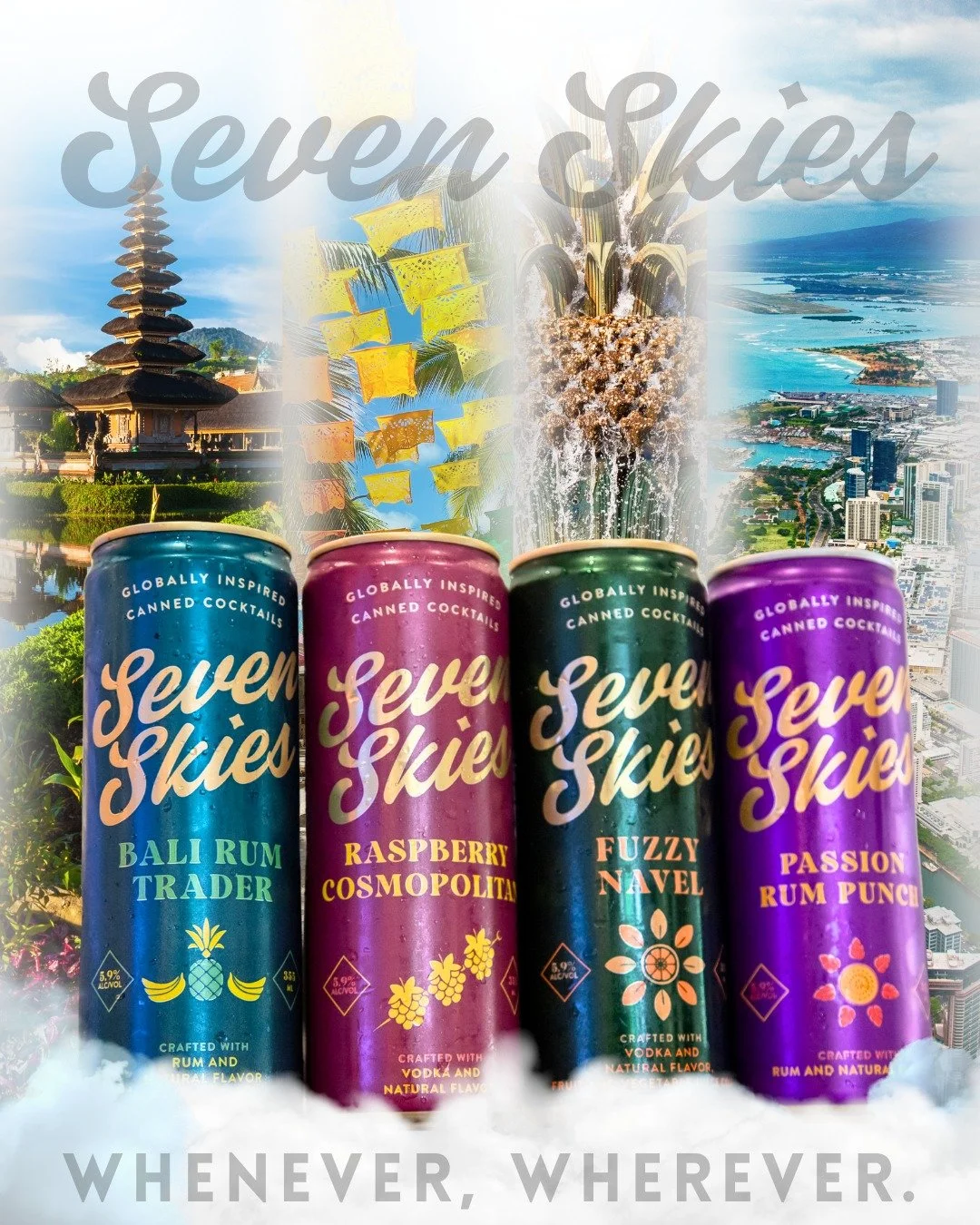 Crafted for every moment. Inspired by the world. 🌎
From Bali, Mexico, Charleston, and Hawaii every Seven Skies recipe is built from real places, real recipes, and decades behind the bar &mdash; so every sip takes you somewhere.

Whenever. Wherever. 