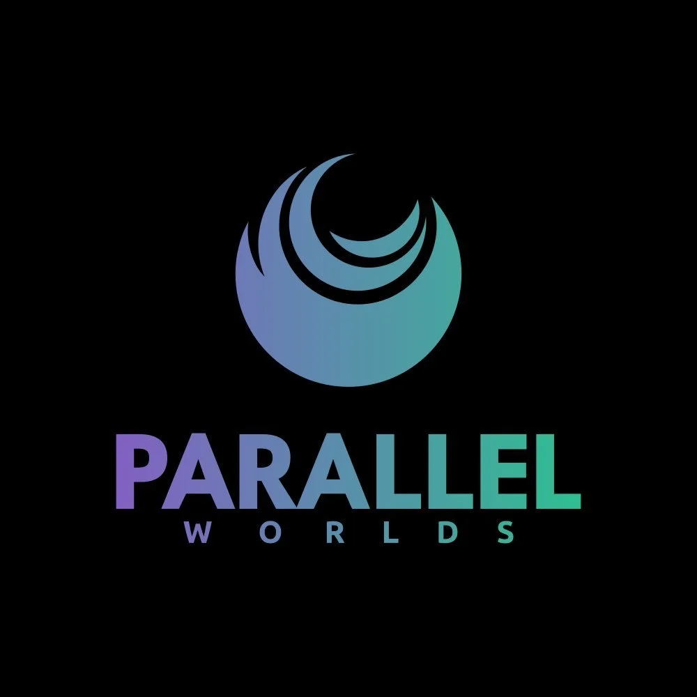 Abstract logo for "Parallel Worlds" with gradient crescent shapes above the text.