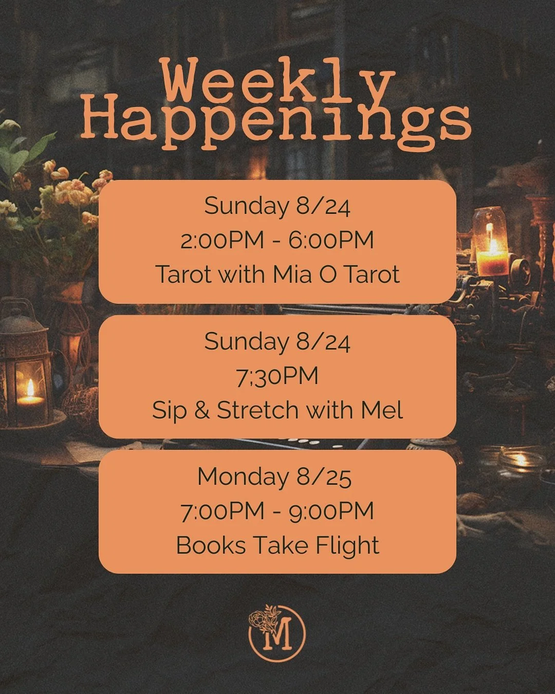 This weeks line up! 

The lovely @miaotarot returns this Sunday for mini tarot readings from 2:00pm - 6:00pm 

We&rsquo;ve also got Sip &amp; Stretch on Sunday with our own @melissapollackk! Join us on the patio to the north of Melancholy for an even