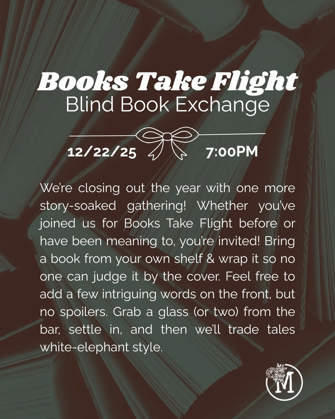 Monday, December 22nd at 7:00PM Becca is joining us to host one more Books Take Flight Event at Melancholy for 2025, this time it&rsquo;s a book exchange! 

As you know we have a cozy space, so spots are limited. Please RSVP 🔗 in bio.

If you simply