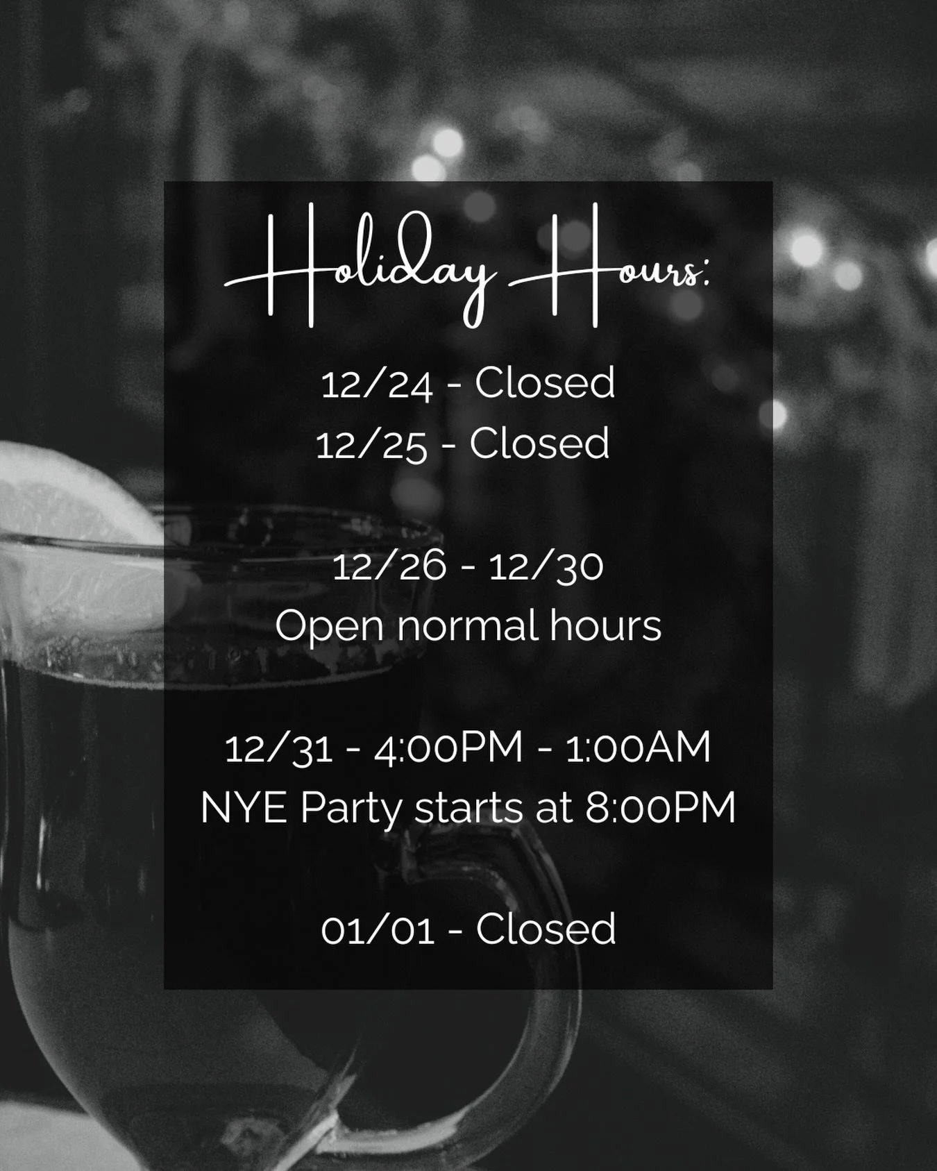 Holiday hours! We will be closed Christmas Eve &amp; Christmas Day to give our staff some time to relax and celebrate with loved ones. 

New Year&rsquo;s Eve will be a special night, join us for tarot, good music, &amp; good vibes. No cover! 

After 