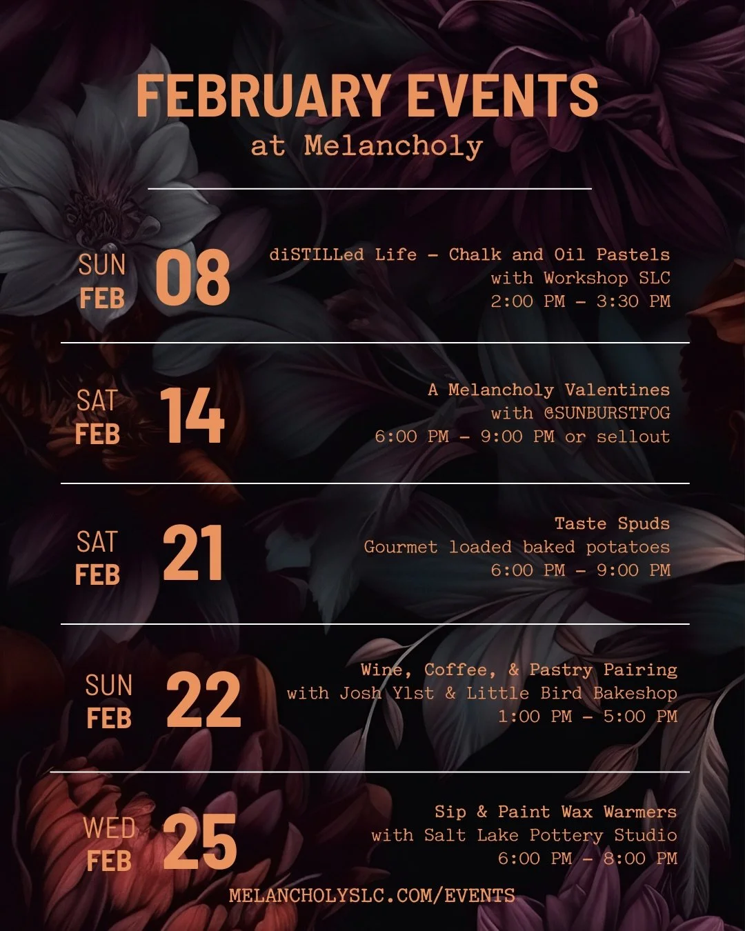 February is packed with events! 

02/08 - Starting off strong this Sunday we have @workshopslc continuing the DiSTILLed Life series with a chalk and oil pastel class! All supplies included. 2:00PM - 3:30PM, so you&rsquo;ll be home in time for the gam