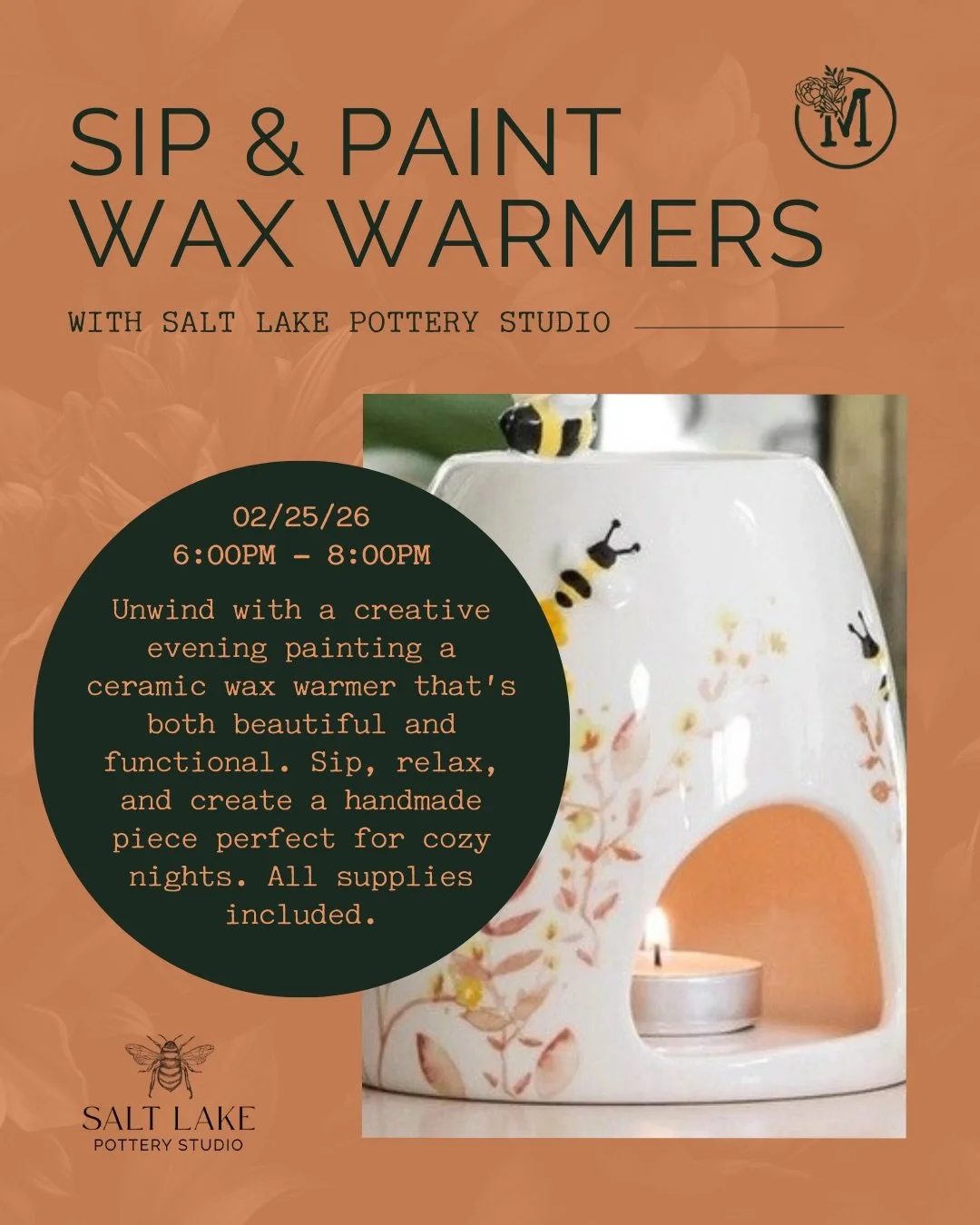 Next Wednesday 2/25 6:00PM - 8:00PM! @saltlakepotterystudio is back with our monthly Sip &amp; Paint. Sip, relax, and create a handmade piece perfect for cozy nights. 
Spots are limited, link to book in bio. 

#slcsipandpaint #melancholyevents #slcwi