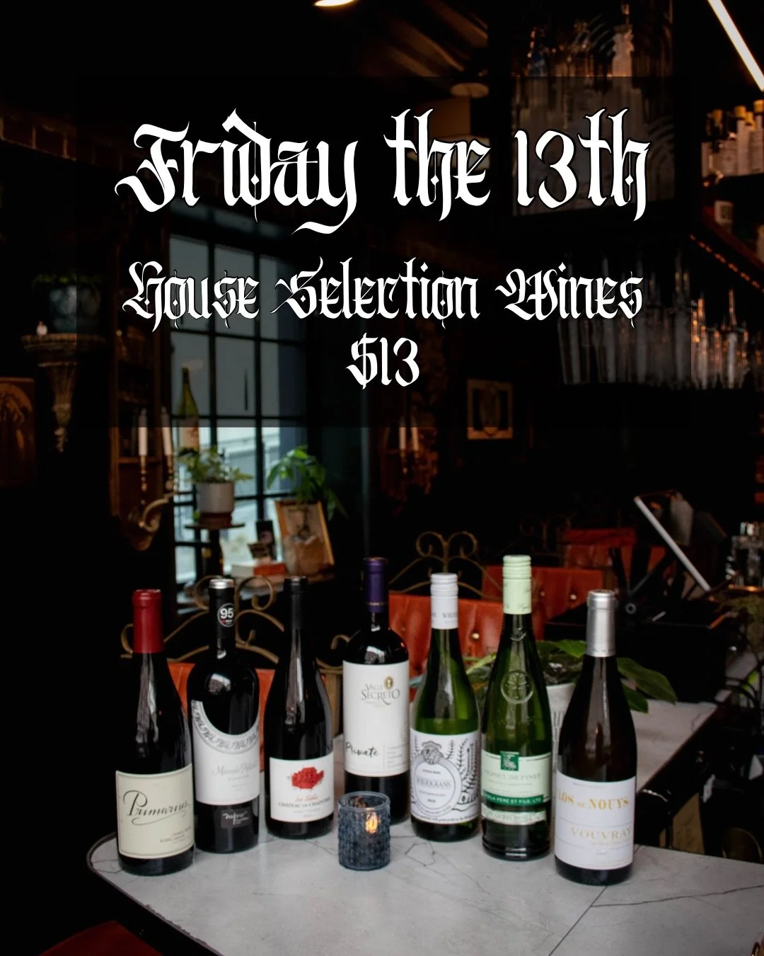 Tomorrow, Friday the 13th, all of our house selection wines will be $13 a glass! 
We&rsquo;ll be here 4:00PM - 1:00AM, see you then! 

#fridaythe13th #slcwinebar #drinkslc