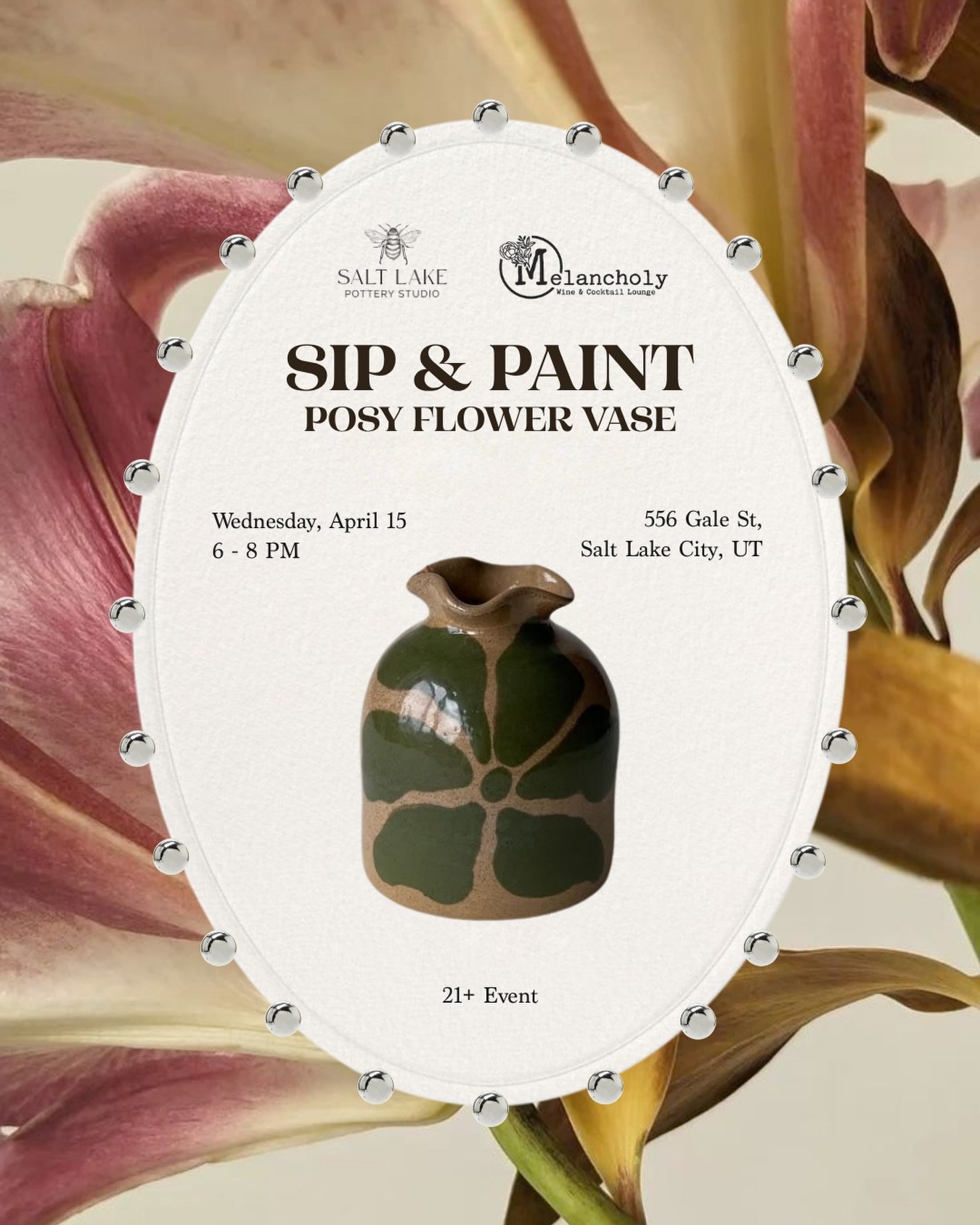 Our next cutie Sip &amp; Paint with @saltlakepotterystudio is this Wednesday! 
Enjoy a relaxed, inspiring evening as you design and paint your own beautiful vase. Supplies included! Register at link in bio. 

#sipandpaint #slcwinebar
