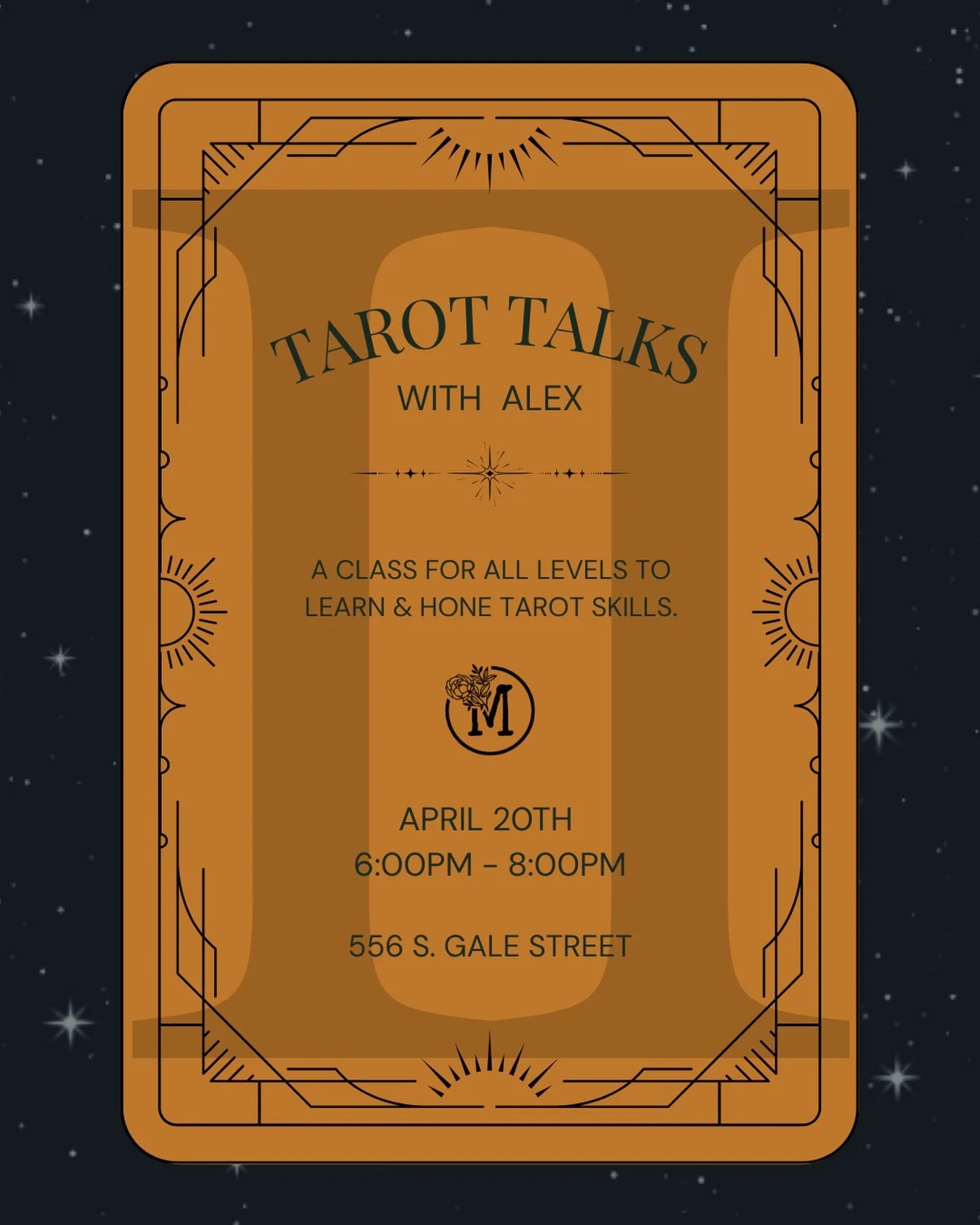 Mark your calendars, Tarot Talks with Alex part 2 is next week! Monday, 4/20 from 6:00PM - 8:00PM. Join us in learning all things tarot from deck fundamentals to honing in the skills you already have. This class is for anyone wanting to learn more ab