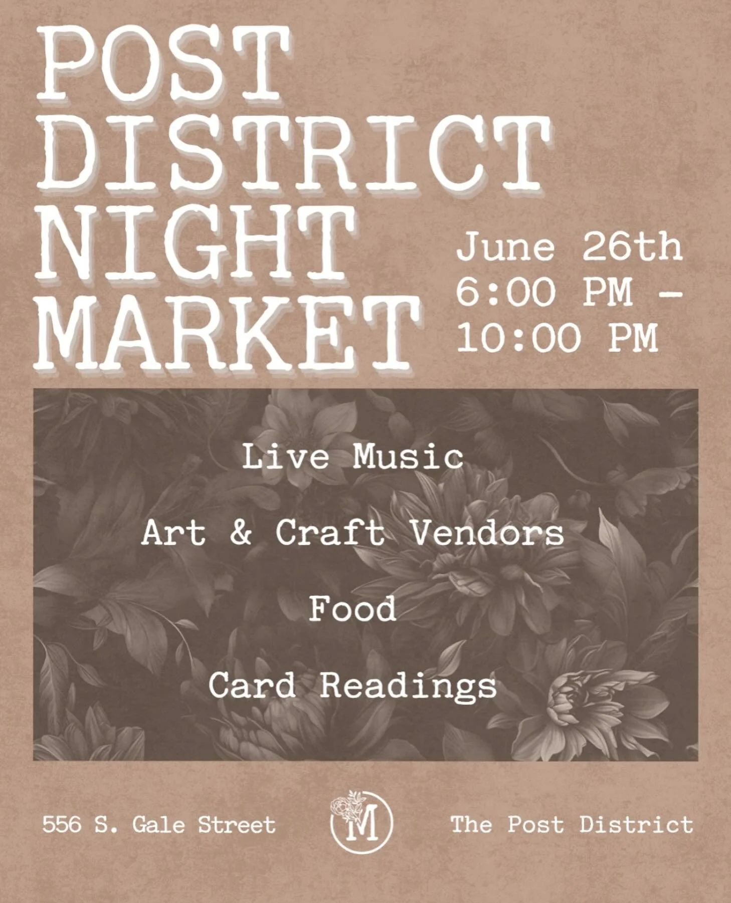 Consider this your three-week warning 🌙 The Post District Night Market returns! June 26th from 6-10pm we will have several local musicians, art and craft vendors, food and a card reader who might have more insight into your summer than you do. Mark 