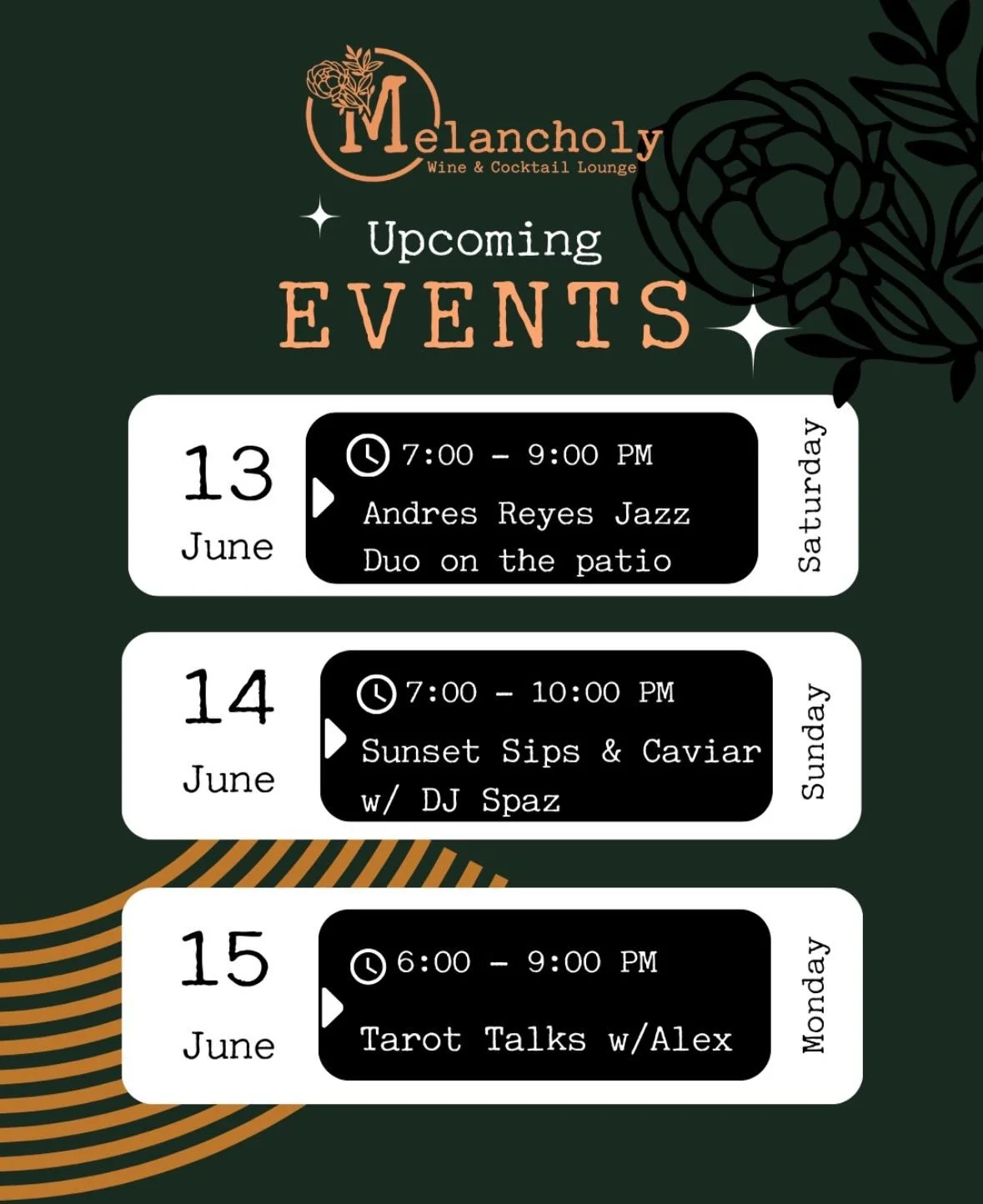 Upcoming events you&rsquo;ll want to add to your calendar! Saturday eve we&rsquo;ve got a jazz duo on the patio, Sunday the Caviar gals will be serving up bumps and beats with @sincerelyspaz and Monday we have have Alex for Tarot talks to do a deep d