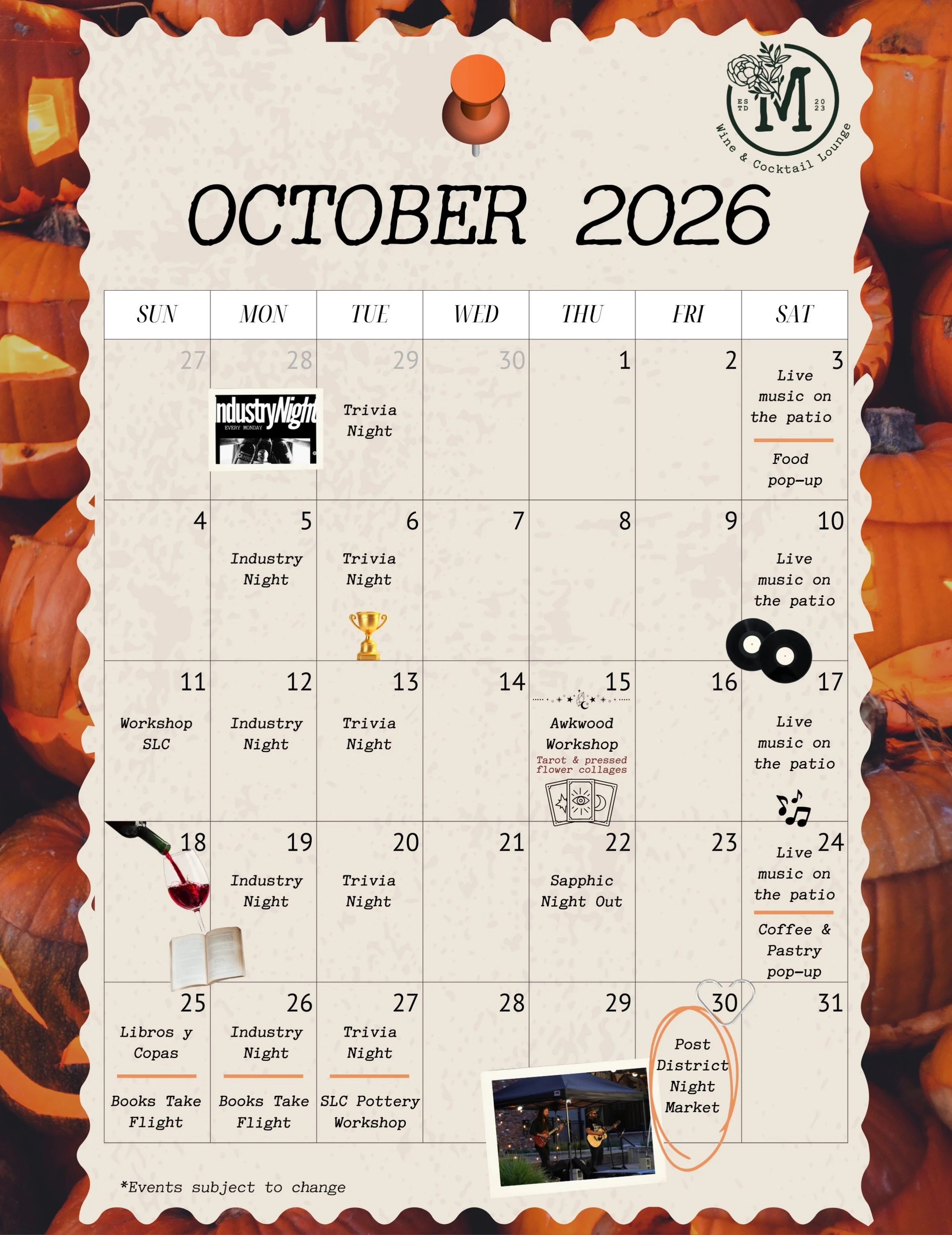 Crisp evenings, cozy pours, and plenty of reasons to gather. Join us for workshops, live music, and trivia this month! 🎃

Share this calendar with a friend and let us know what you&rsquo;re looking forward to most!
#slcwinebar #slcnightlife #postdis