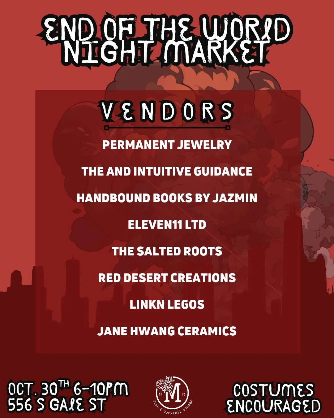 Free event October 30th! Don&rsquo;t miss the last Night Market of the year featuring talented local vendors and live music. Wear your costumes and enjoy the spooky entertainment👻

🗓 October 30
🕡 6pm-10pm
📍 556 S Gale St.
👯&zwj;♀️Costumes encour