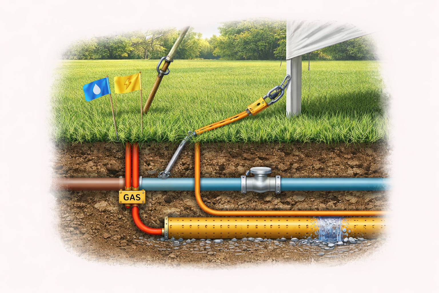 Detailed view of underground utility lines and the 811 marking process used for safe tent staking in Avalon community lawns.