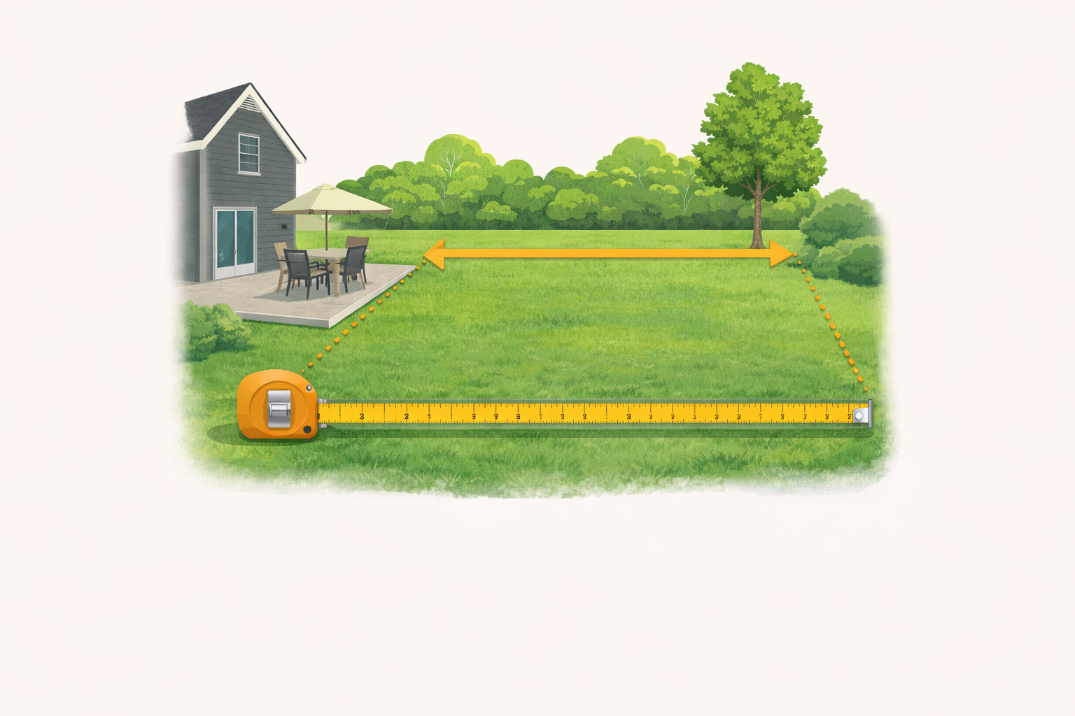 A diagram showing how to measure usable yard space in an Avalon of Fishers backyard for a 20x20 high peak tent setup.