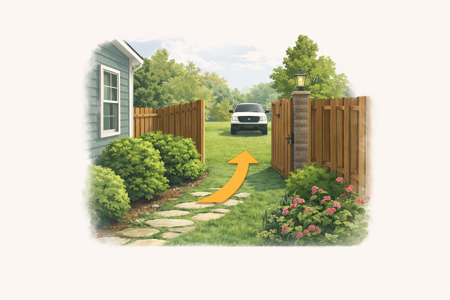 Illustration of professional delivery access requirements for tent rentals in residential Fishers neighborhoods with fences and narrow side-yard gates.