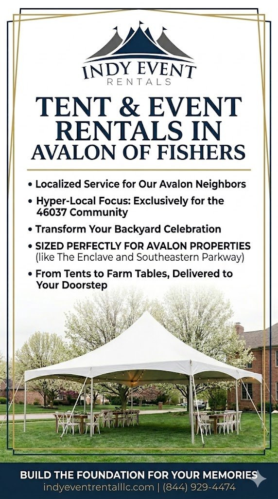 Professional high peak tent and farm table rental setup for a backyard event in Avalon of Fishers, Indiana.