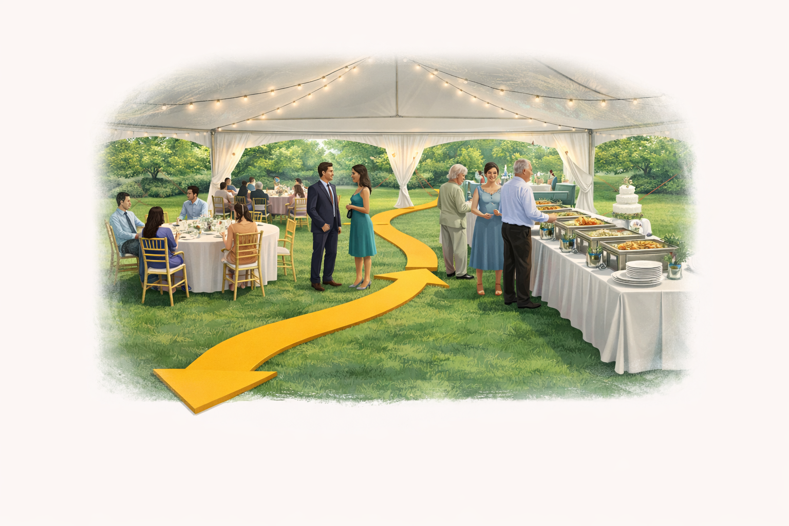 A visual guide for event flow and guest seating under a high peak frame tent for a graduation party or family gathering.