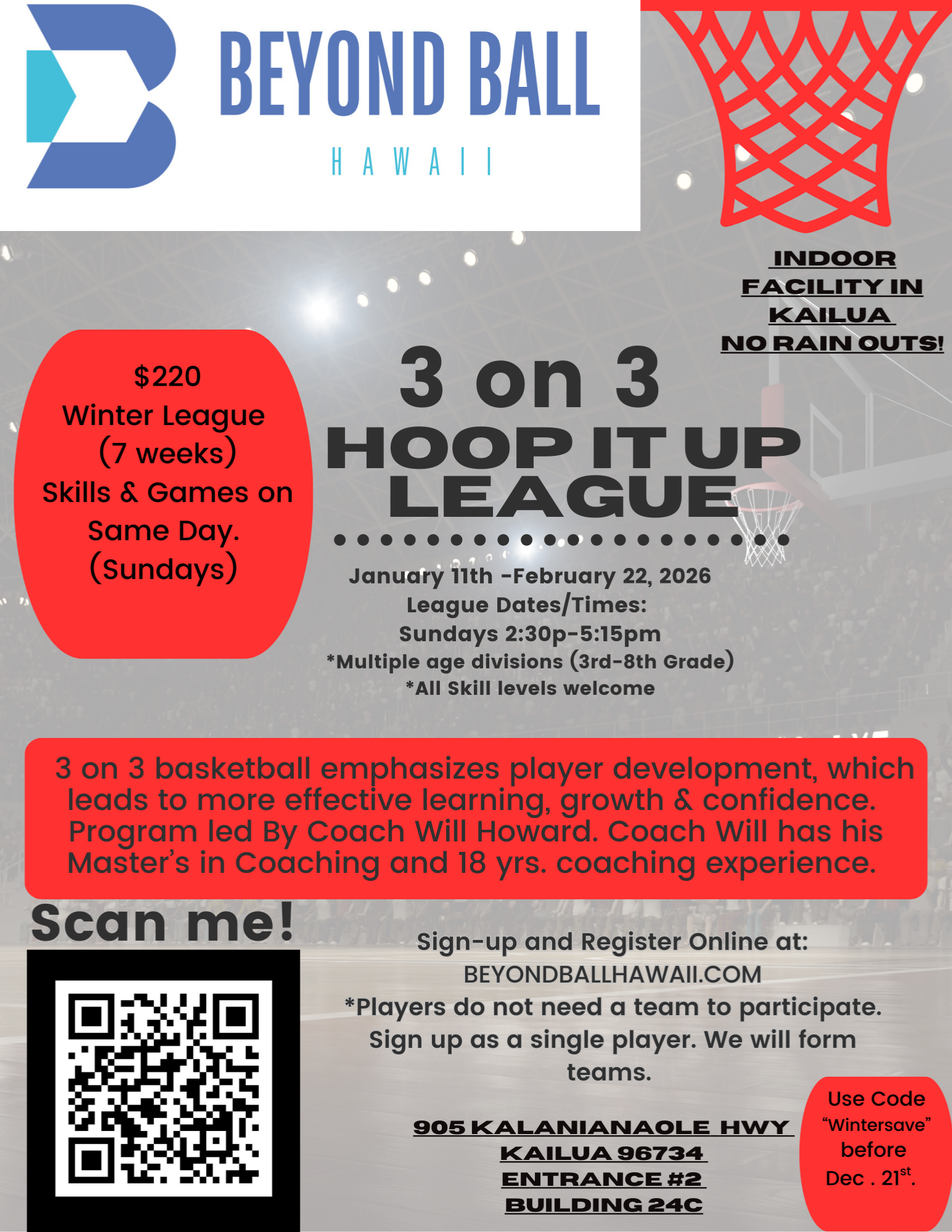 Winter 3 on 3 "Hoop It Up" Sunday Basketball League (3rd-8th Grade) Skills & Games on Same Day!
