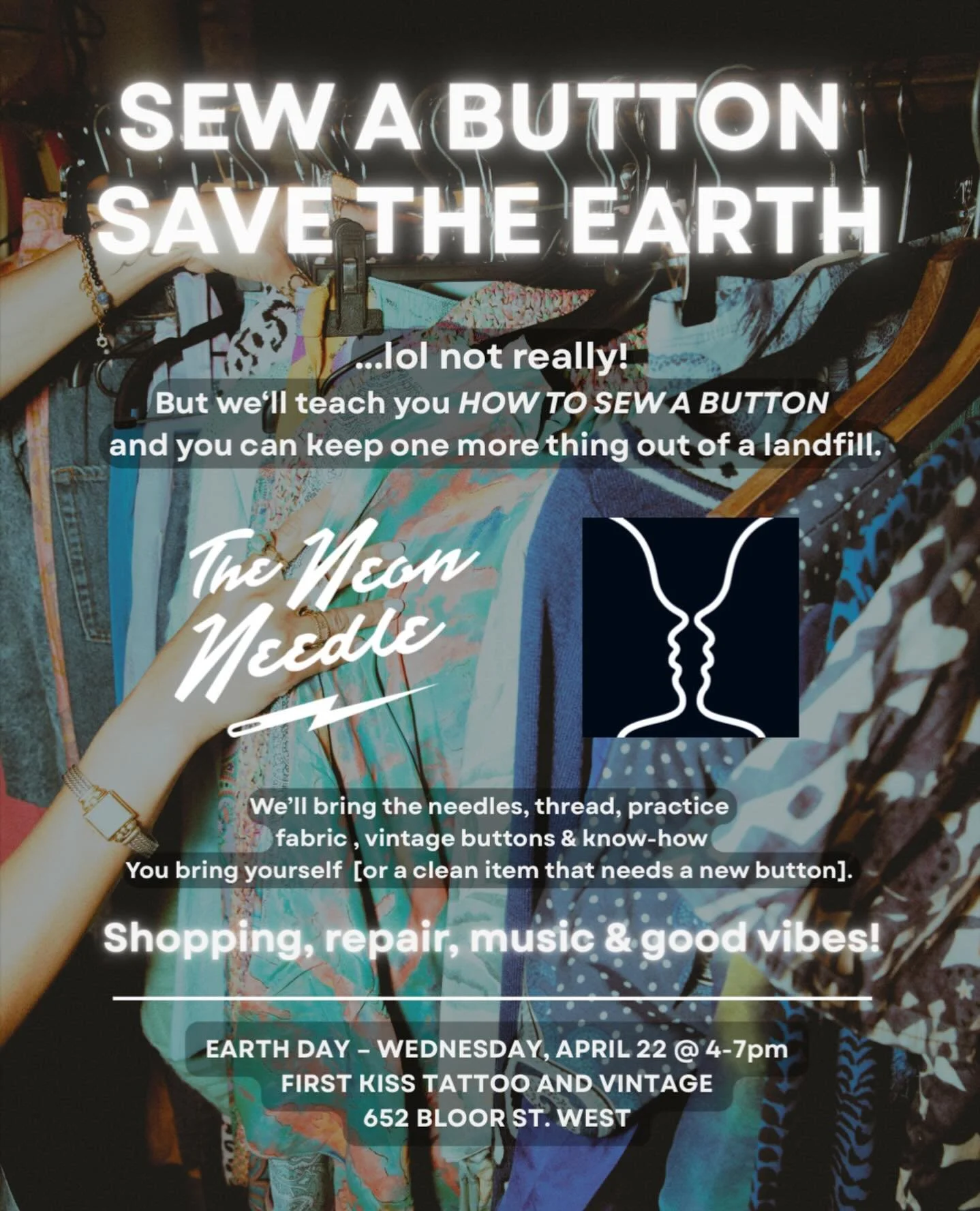 Mend &amp; make friends this EARTH DAY 🌎

Join @firstkisstattooandvintage + @theneonneedle for some easy afternoon button-sewing.
*totally FREE*

Wednesday, April 22 at First Kiss&mdash;right across the street from The Neon Needle!

🪡DROP-IN
👕SHOP