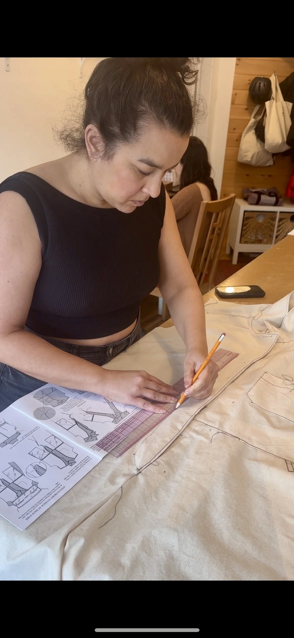 darlene adjusting her pants pattern