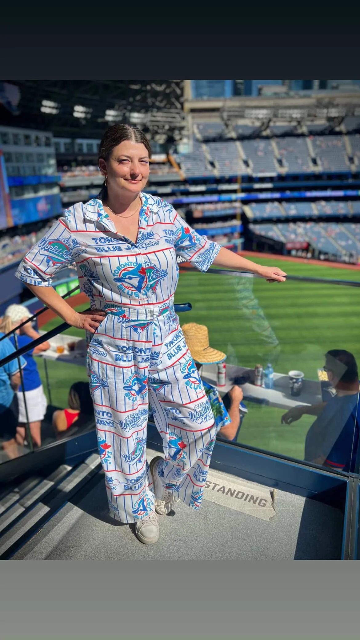 BRAN wearing blue jays boilersuit / onesie that she made!