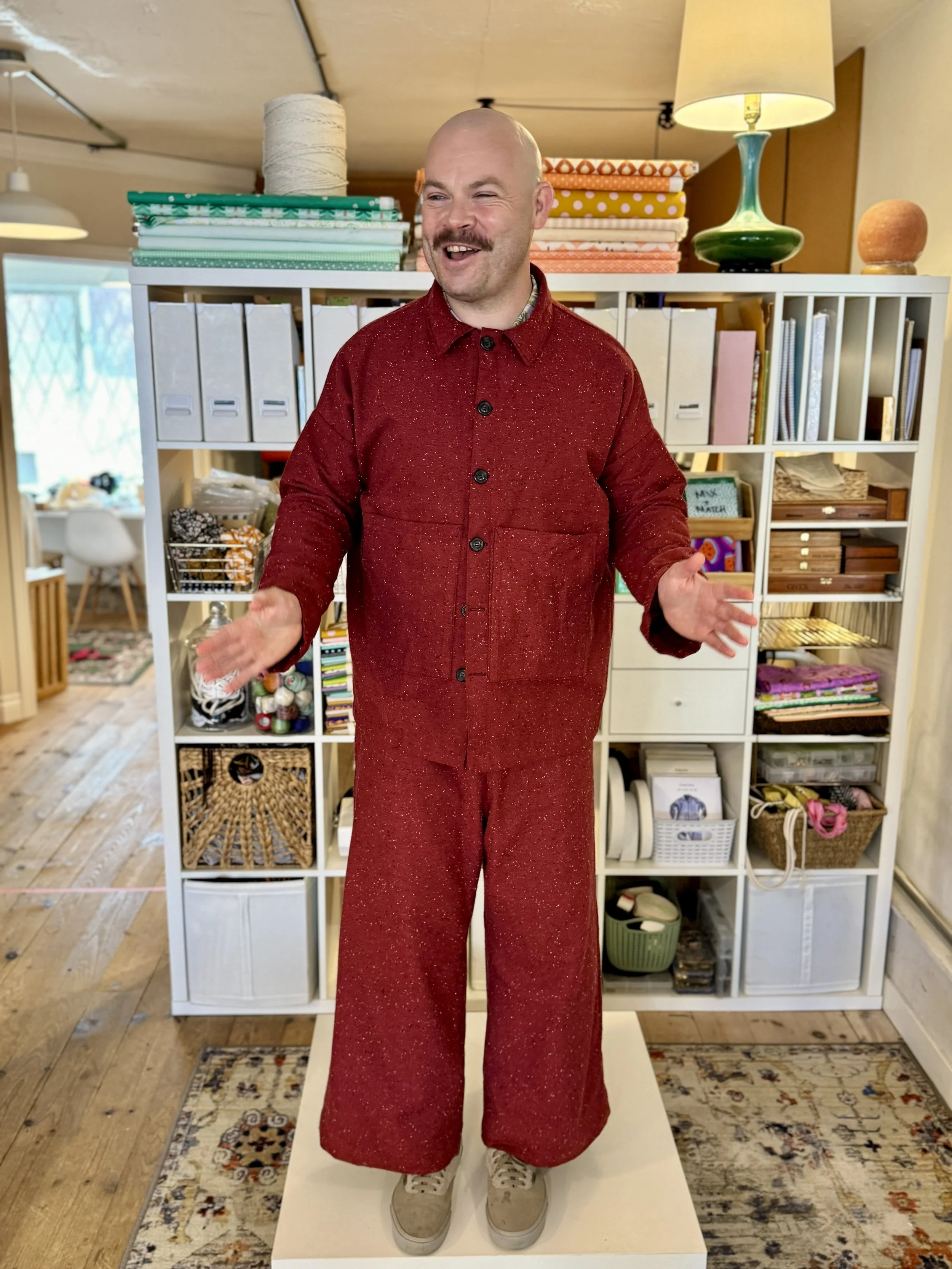 Aaron made this rad matching set: pants in our lounge pant class, and the top on his own.