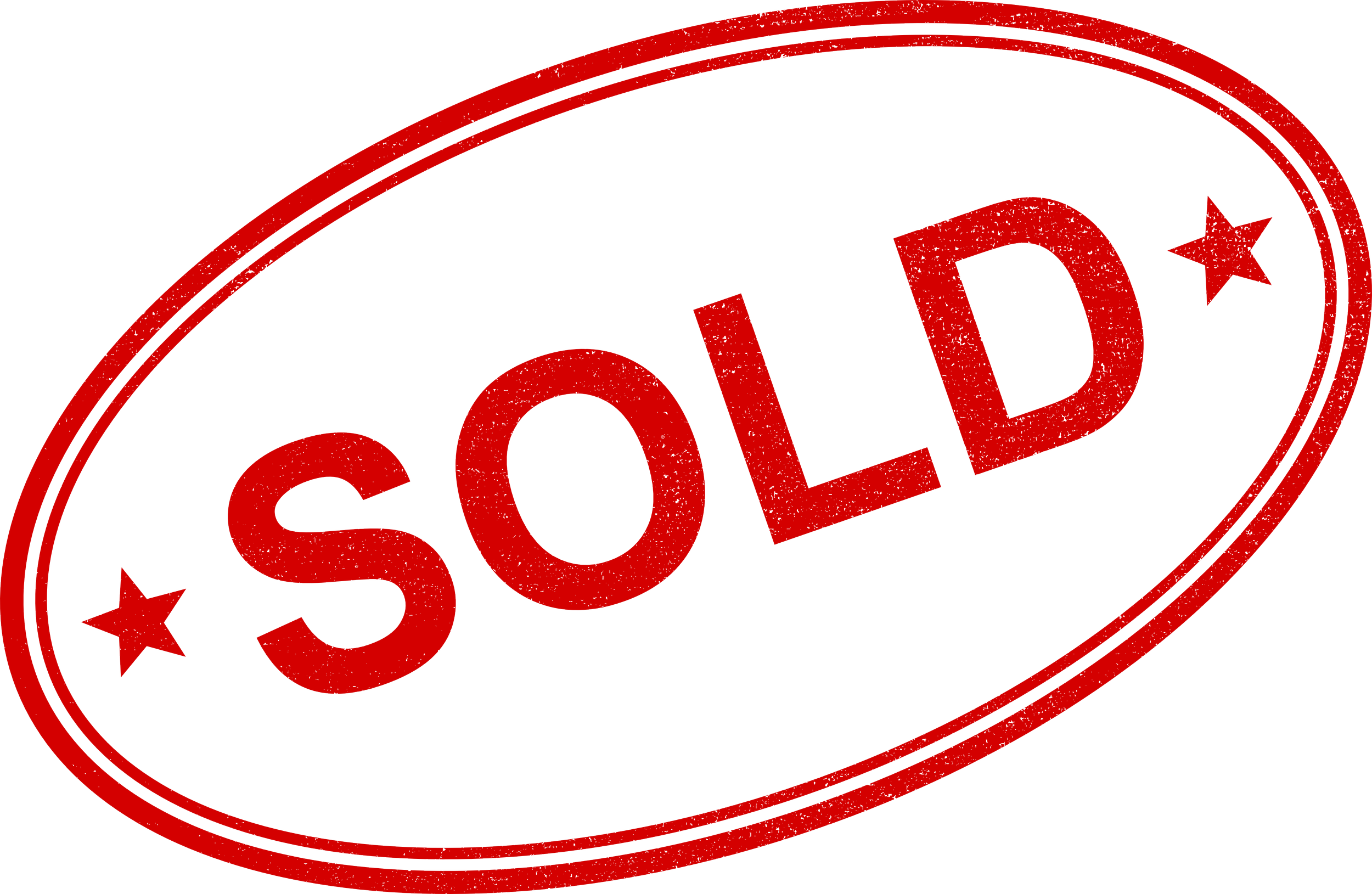 Red oval stamp with the word 'SOLD' in bold uppercase letters and two small stars on either side against a black background.