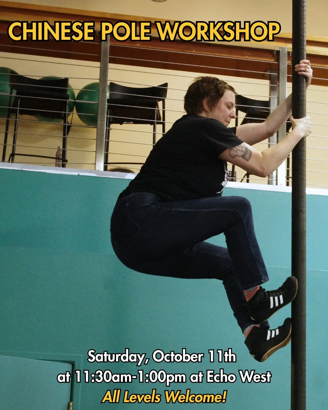 Coach Gwen is back with a Chinese Pole Workshop on Saturday 10/11, 11:30am-1:00pm!

Come learn the fundamentals of Chinese pole, or build on your existing vocabulary! Learn to climb, slide, and hold key shapes. Students with previous experience will 