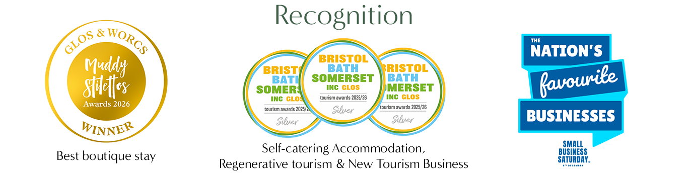 Triple award medals for the tourism awards 2025/26, each with a circular design and the text 'Bristol Bath Somerset Inc GLOS' and 'Silver', next to a Small Business Saturday 2025 stamp with the date 6th December.