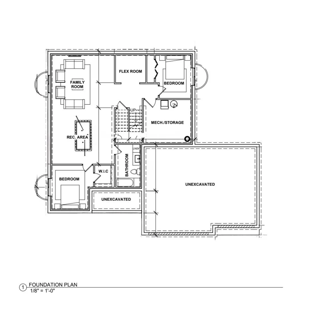 Architectural foundation plan of a house showing various rooms such as bedrooms, bathroom, family room, flex room, mechanical/storage, recreation area, and unexcavated areas.