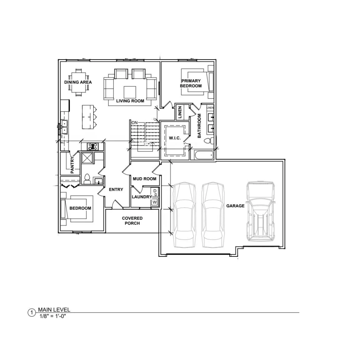 Floor plan of a house showing rooms including living room, dining area, kitchen, pantry, two bedrooms, primary bedroom, bathroom, laundry, mudroom, entry, covered porch, and garage with space for three cars.