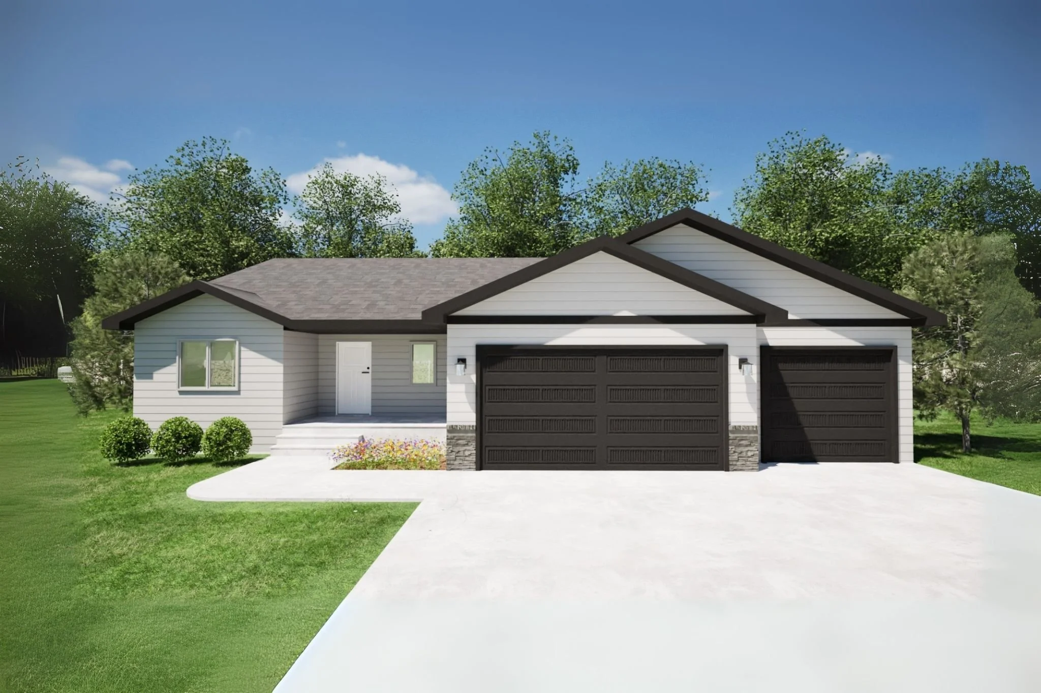 A modern white house with brown trim, a front porch, t