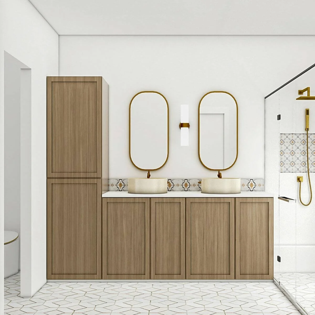 Designer Bathroom with Wood Cabinet Doors