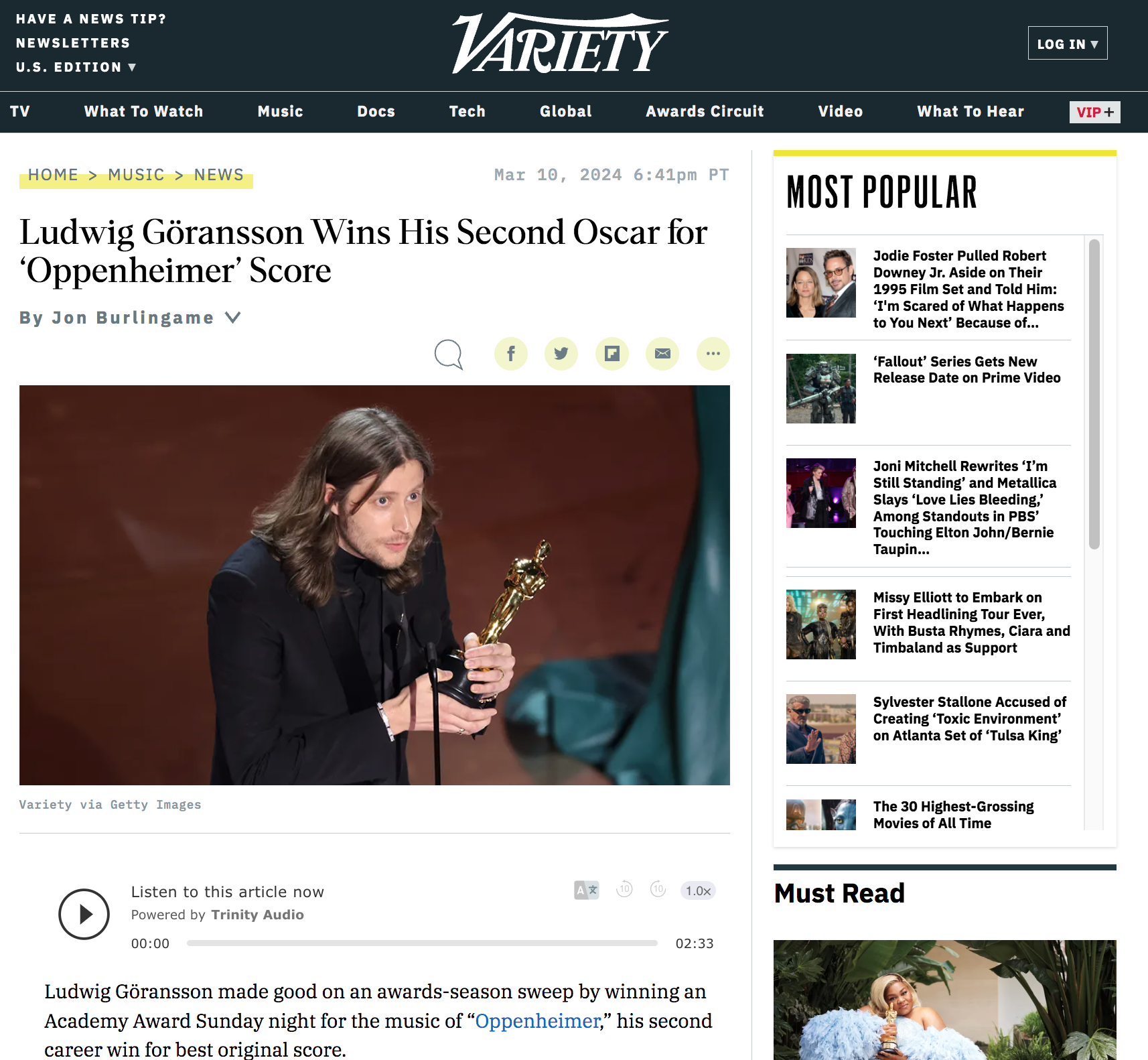 Oppenheimer – Oscar Win – Ludiwg Göransson – Variety