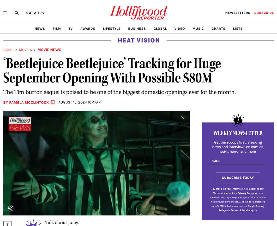 Hollywood Reporter – Beetlejuice Beetlejuice Opening Weekend