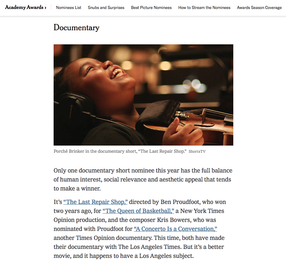 The New York Times – The Last Repair Shop Academy Award Nominated Short Film
