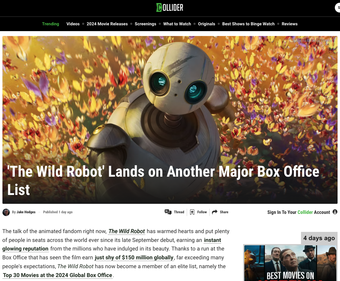 Collider – The Wild Robot – Box Office Success