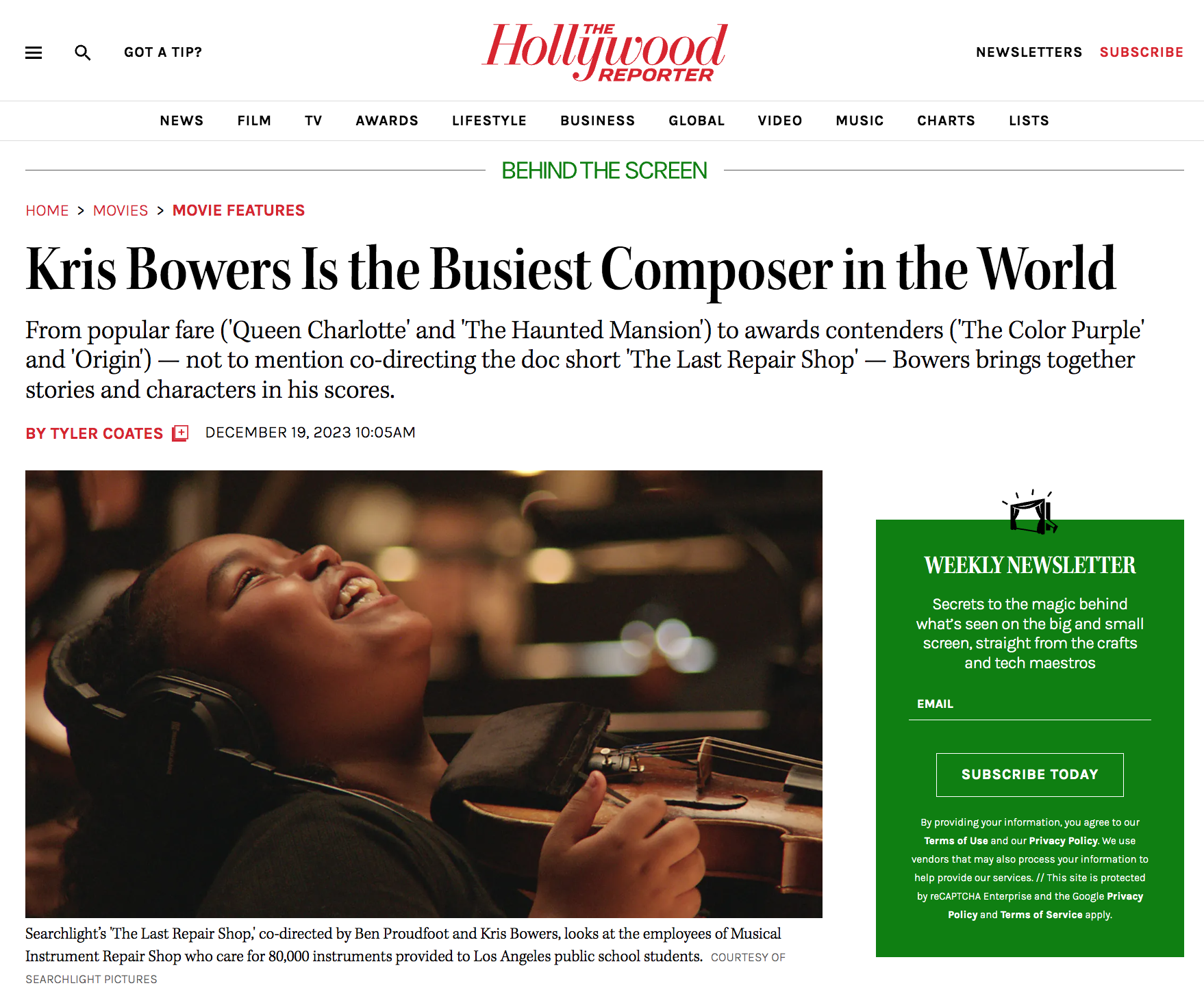 Last Repair Shop – Kris Bowers – Hollywood Reporter 