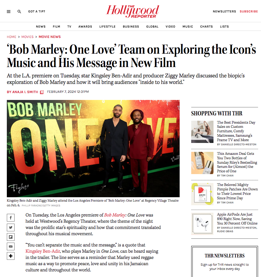 Hollywood Reporter – One Love