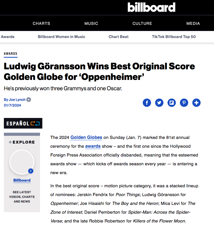 Billboard – Ludwig Goransson's Oppenheimer Score Golden Globe Win 2024 