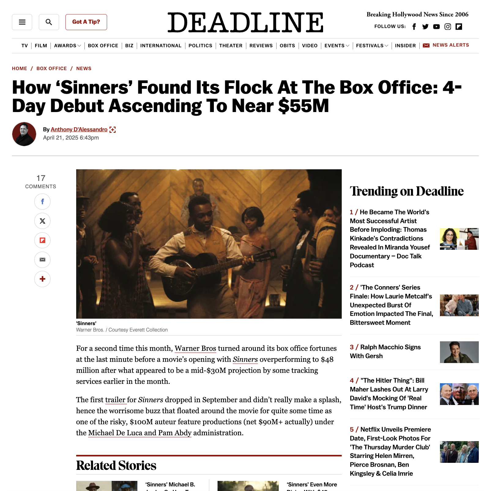 Deadline – Sinners to hit $55m