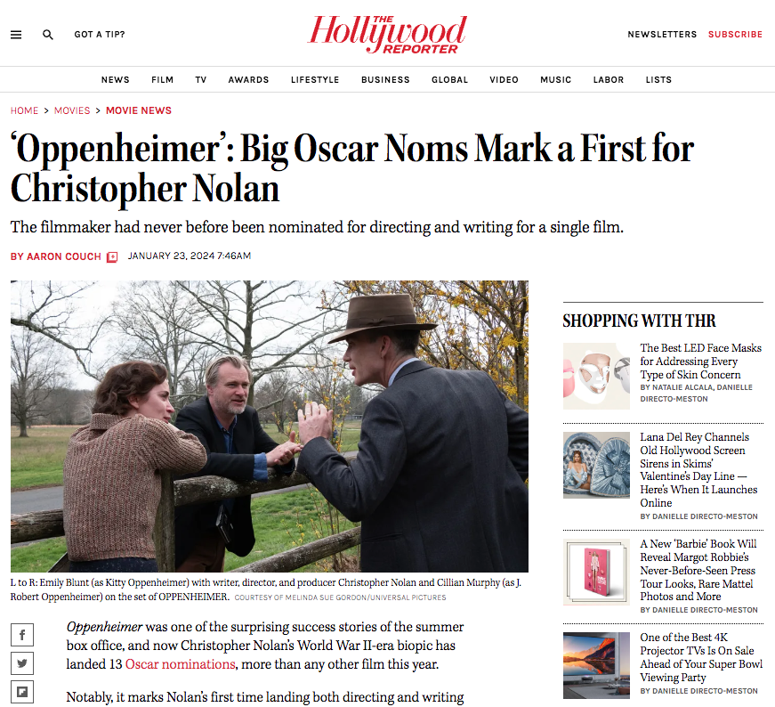 Hollywood Reporter – Oppenheimer Oscar Nominations 