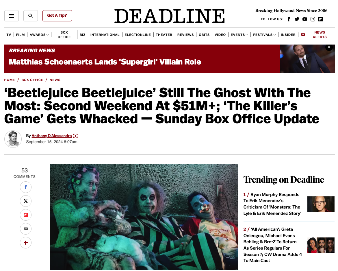 Deadline – Beetlejuice Beetlejuice Second Weekend Box Office