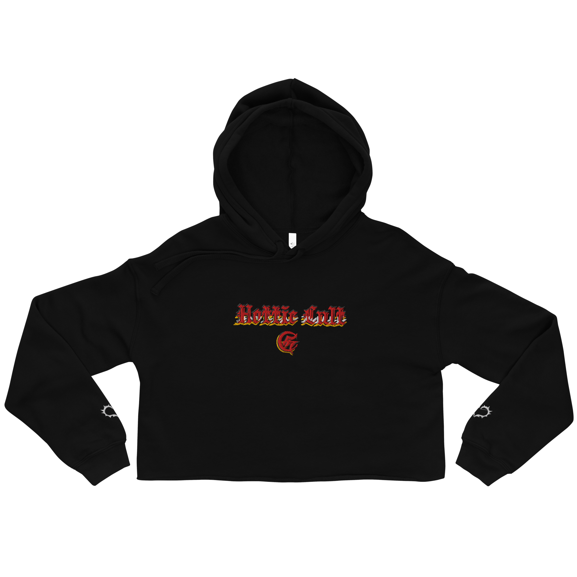 Hottie Cult Crop Hoodie with embroidered chest text and heart glyph sleeves