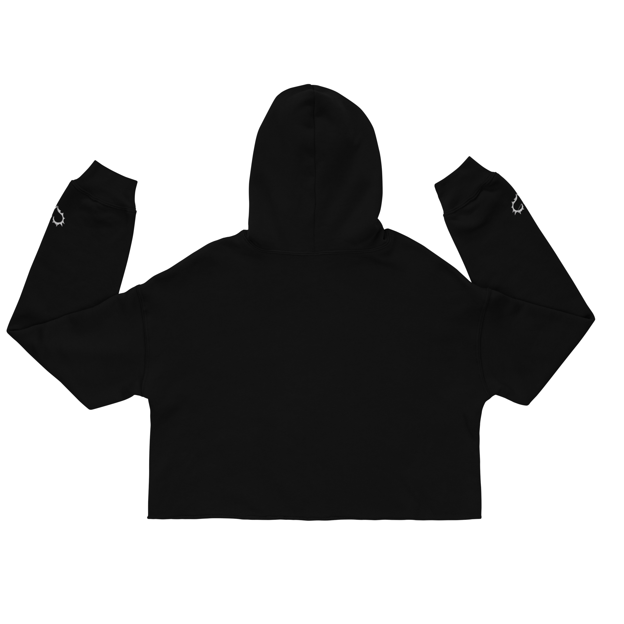Black crop hoodie with heart glyph sleeve embroidery and raw hem