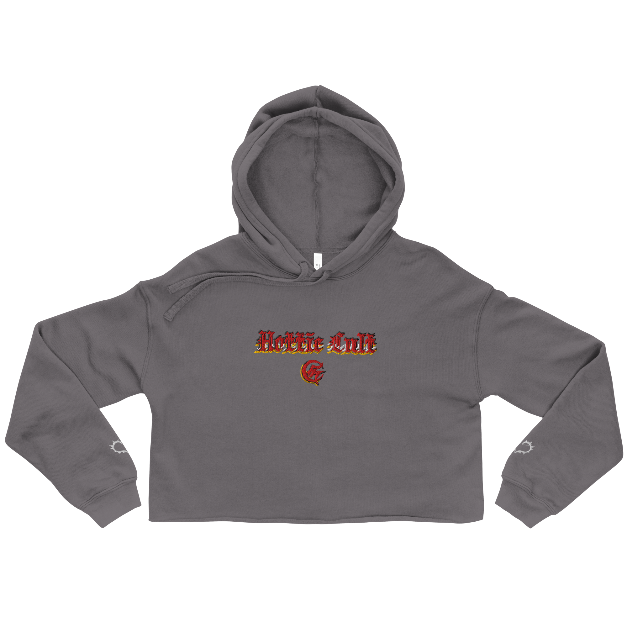 Grey Hottie Cult Crop Hoodie featuring dropped shoulders and stitched heart glyphs