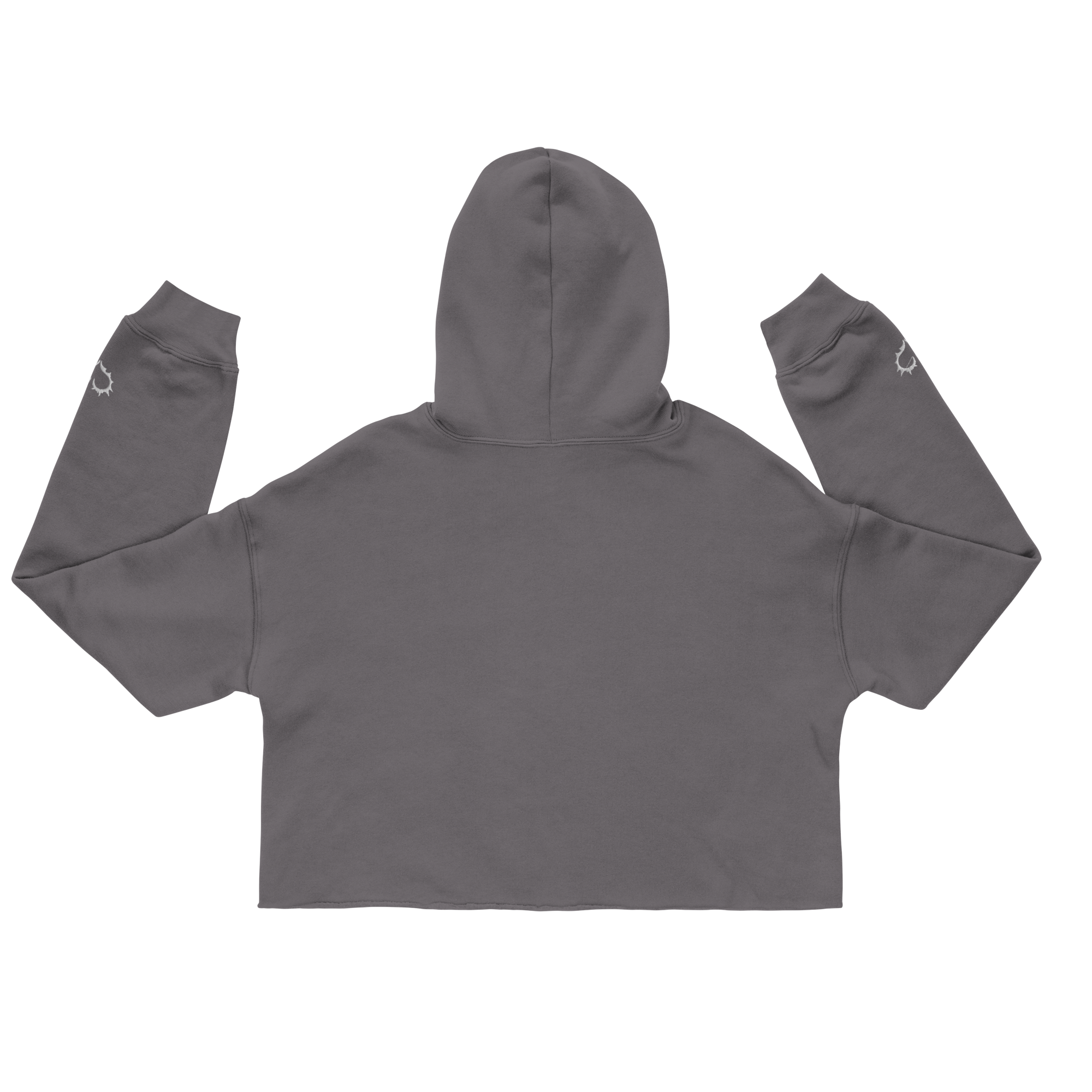 Grey crop hoodie with heart glyph sleeve embroidery and raw hem