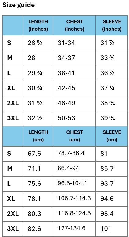 Size guide for long sleeve shirts