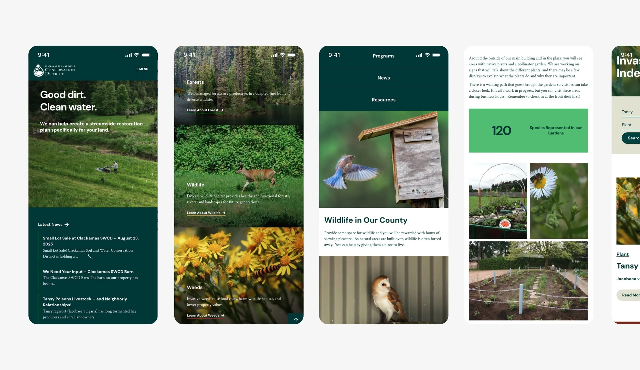 Screenshots of a conservation district mobile app showing pages about land restoration, forests, wildlife, weeds, and gardening, with images of nature, animals, and plants.