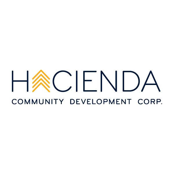 Logo for Hacienda Community Development Corporation with stylized upward arrows in yellow, followed by the company name in dark blue, and the tagline underneath.